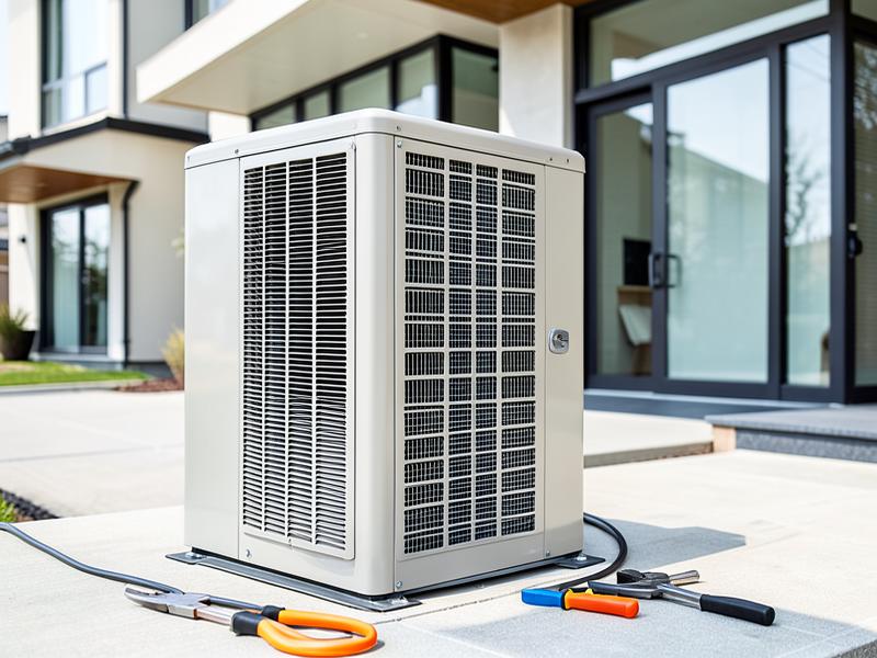 Modern HVAC unit installed beside a high-end home