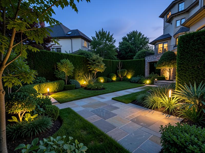 Luxury landscaped garden with stone patio at dusk