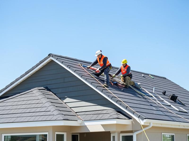 Roofing crew installing a new roof on a suburban home